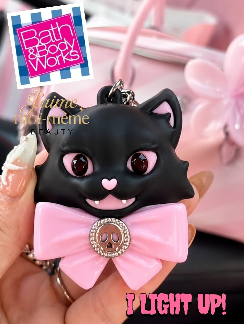 Bath & Body Works Halloween Pink Bow Black Cat Light-Up Cat Charm Keychain